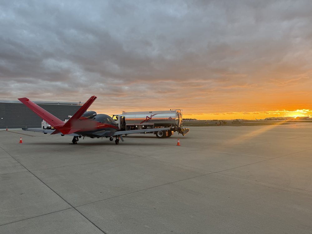 Cirrus SF50 Vision Jet on the ramp at sunset